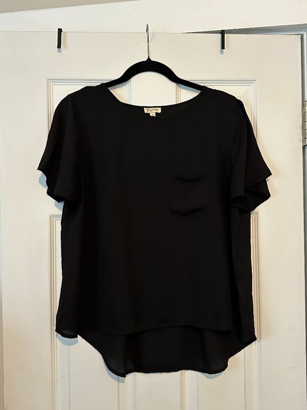 Lily White Black Short Sleeve Pocket High Low Chiffon Blouse